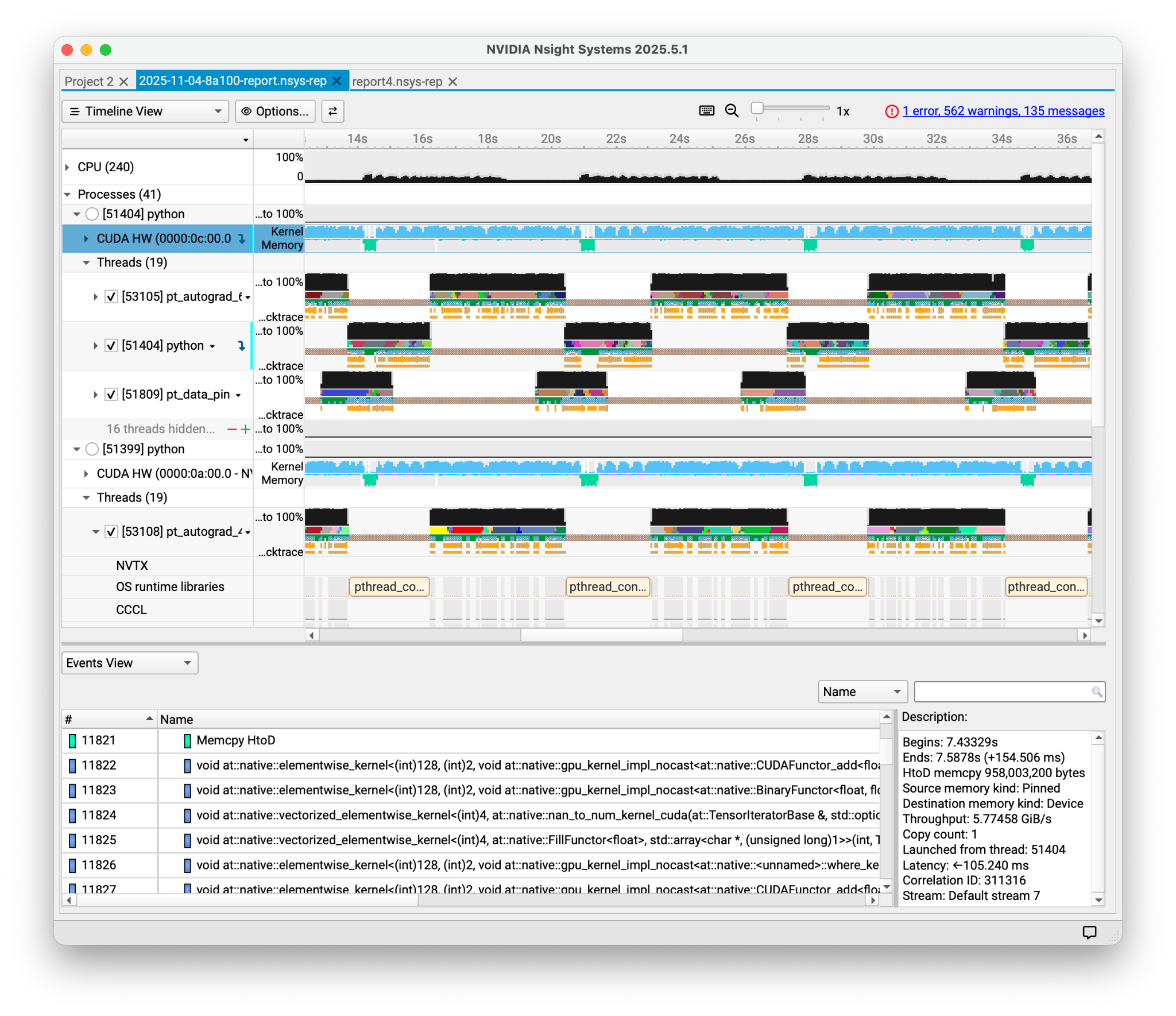 NVIDIA Nsight Systems profile of the training loop